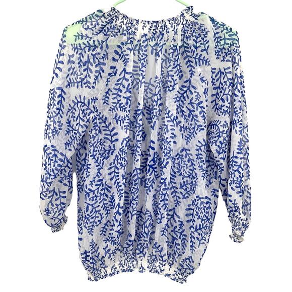 BCBG Maxazria Size Medium Blouse Blue White Ruched Long Sleeve Semi Sheer - Picture 2 of 5